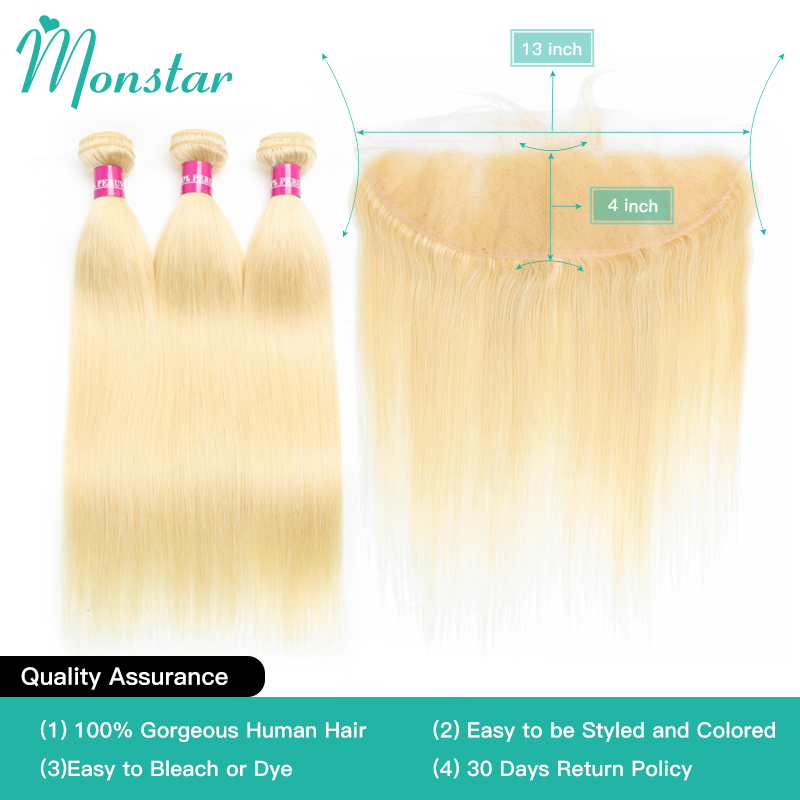 613 Rubio 13x6 Frontal con mechones Remy brasileño recto 3 4 paquete de cabello humano con cierre Frontal 613 Hd encaje Frontal 13x4