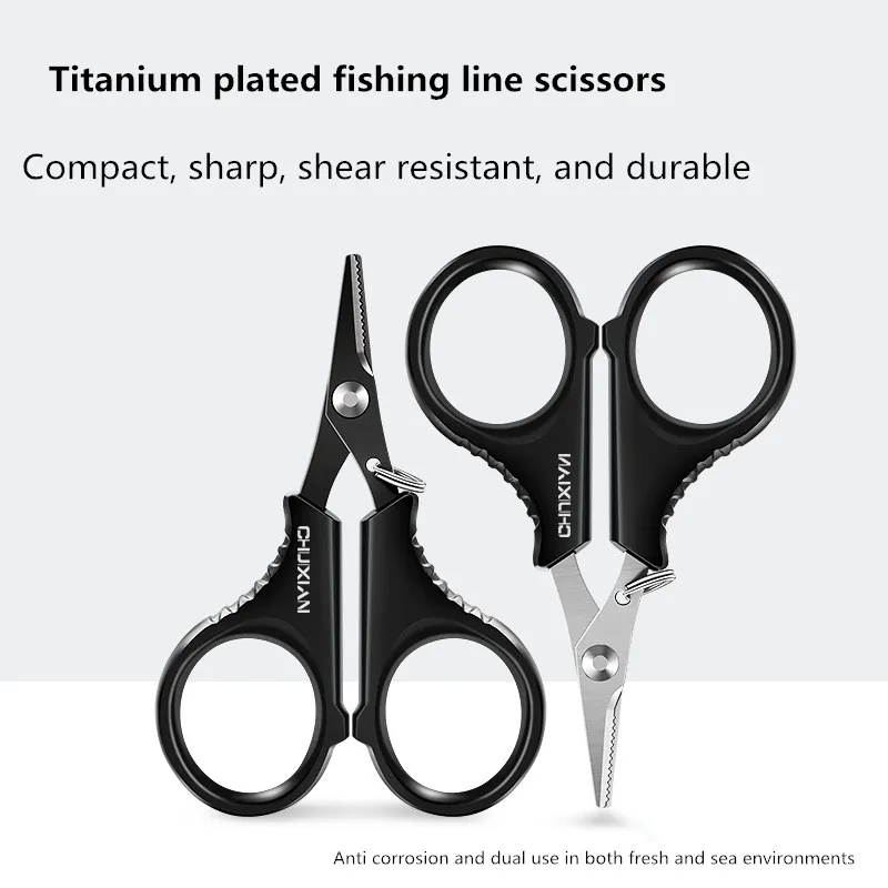 Alicates de tijeras de pesca de acero inoxidable recubiertos de titanio para cortar alambre trenzado de PE, accesorios de herramientas de pesca al aire libre de carpa