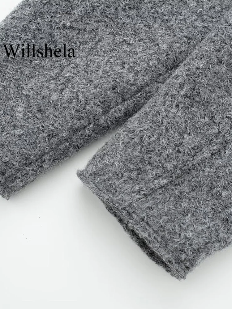 Willshela moda feminina com bolsos cinza frente zíper jaquetas vintage lapela pescoço mangas compridas feminino chique senhora outfits