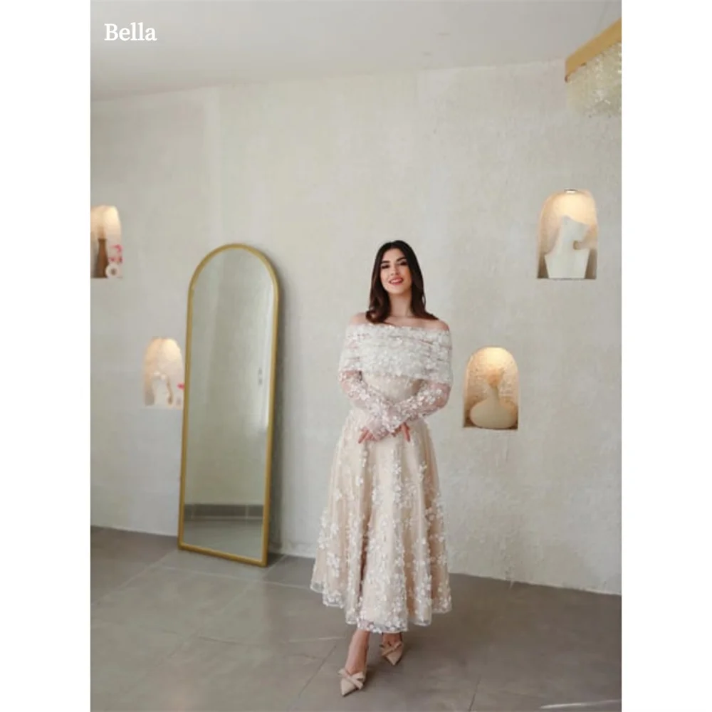 Bella Champagn Тюлевые вечерние платья с открытыми плечами А-силуэта Vestidos De Fiesta Элегантные длинные рукава длиной до щиколотки فساتين سهرة