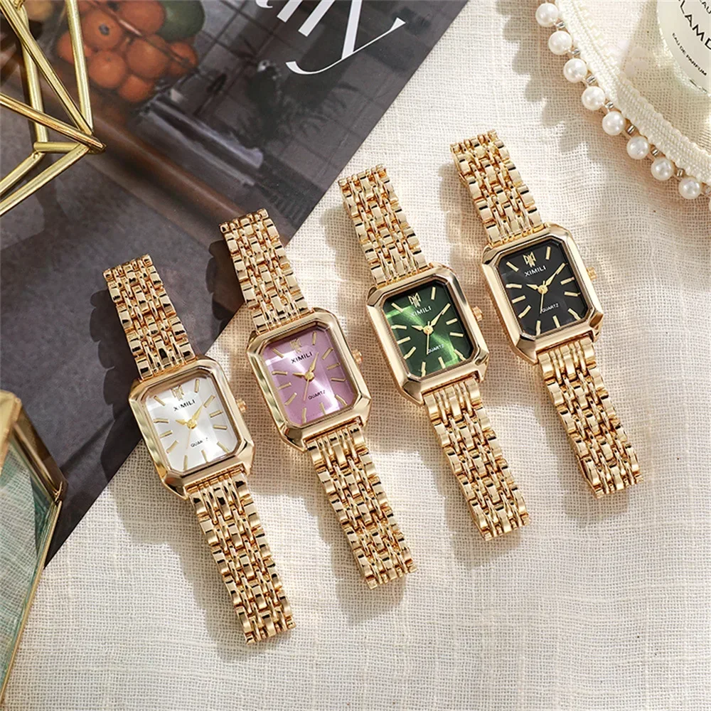 หรูหราสุภาพสตรีสร้อยข้อมือนาฬิกาข้อมือควอตซ์ Simple Scale Square คุณภาพ Gold Plated นาฬิกาผู้หญิงธุรกิจนาฬิกาพับ
