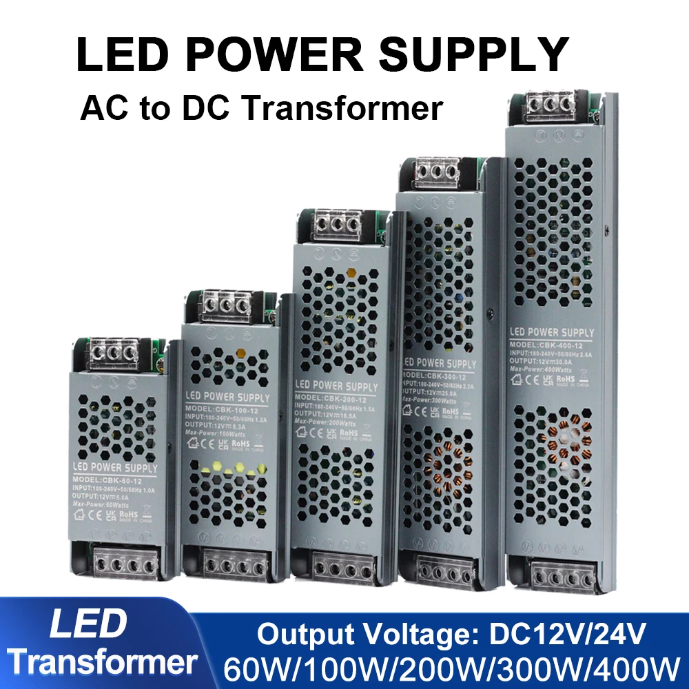 Alimentatore LED silenzioso ultrasottile Trasformatore DC 12V 24V Alimentazione 60W-400W Trasformatori led ultra sottili di qualità AC 100-265V