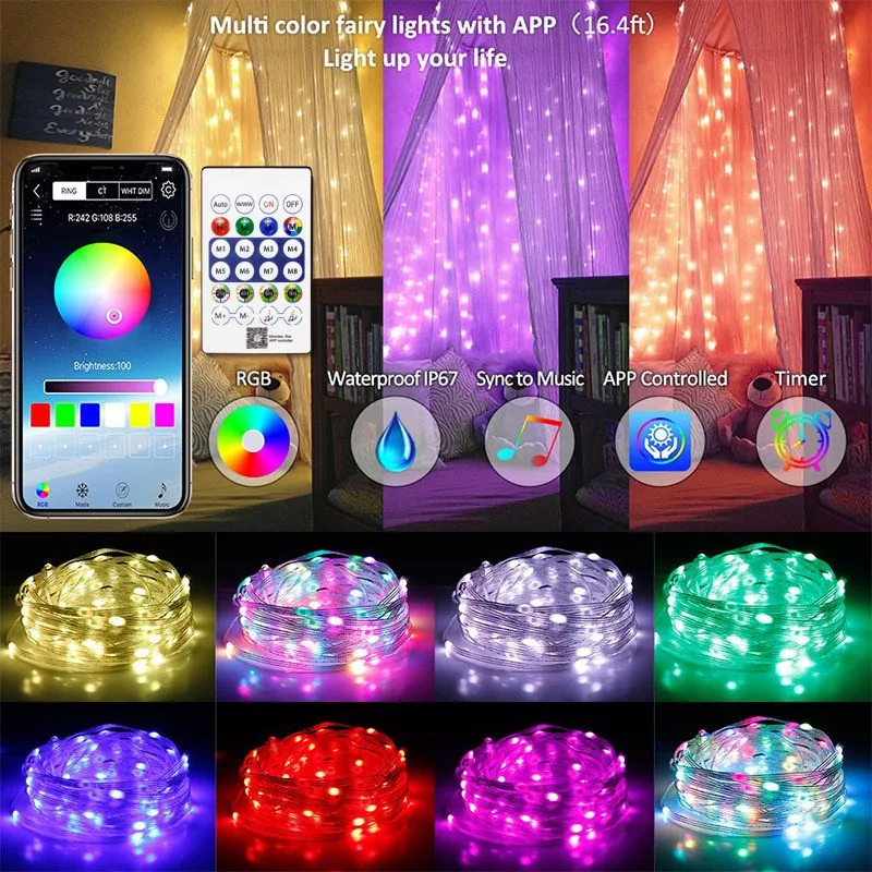 5 メートル/10 メートル/15 メートル/20 メートル RGBIC USB スティングライト Bluetooth アプリ DIY LED フェアリーライトガーランド装飾クリスマス結婚式誕生日パーティー