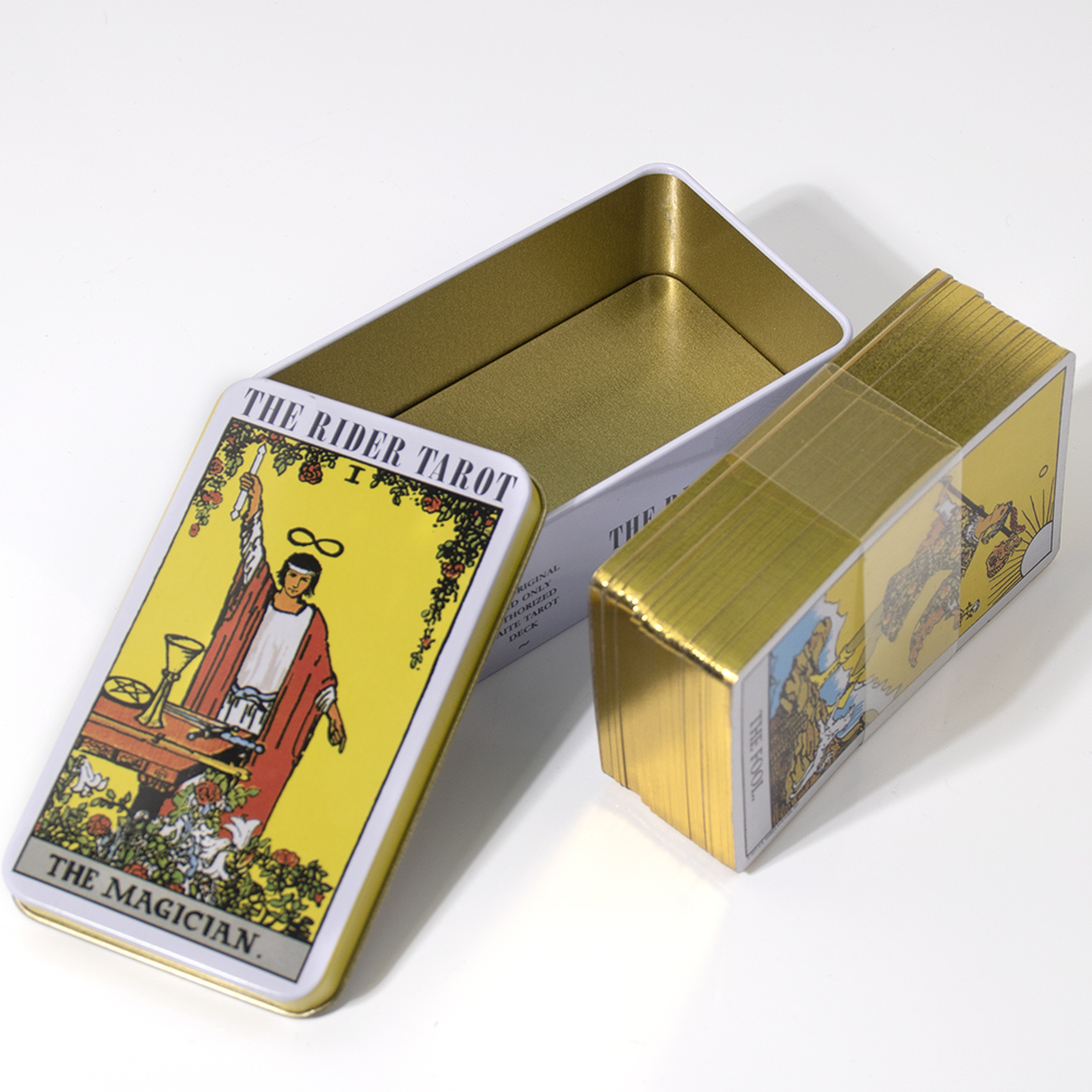 The Rider Tarot mit Blechdose, Tarotkarten, vergoldeter Rand mit Papier, Reiseführer, Oracle, Tarot, Spieldeck, Party, Astrologie, Karten, Oracle