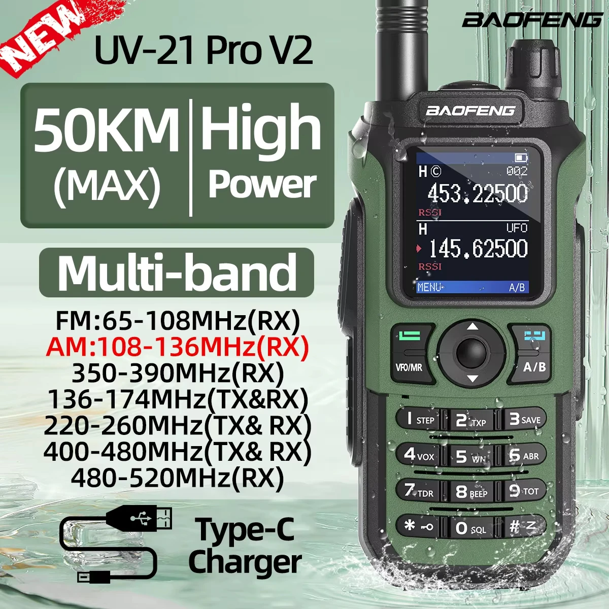 Baofeng UV 21 Pro V2 Am copia inalámbrica frecuencia Walkie Talkie linterna de largo alcance cargador tipo C Radioaficionado UV-5R BF-888S