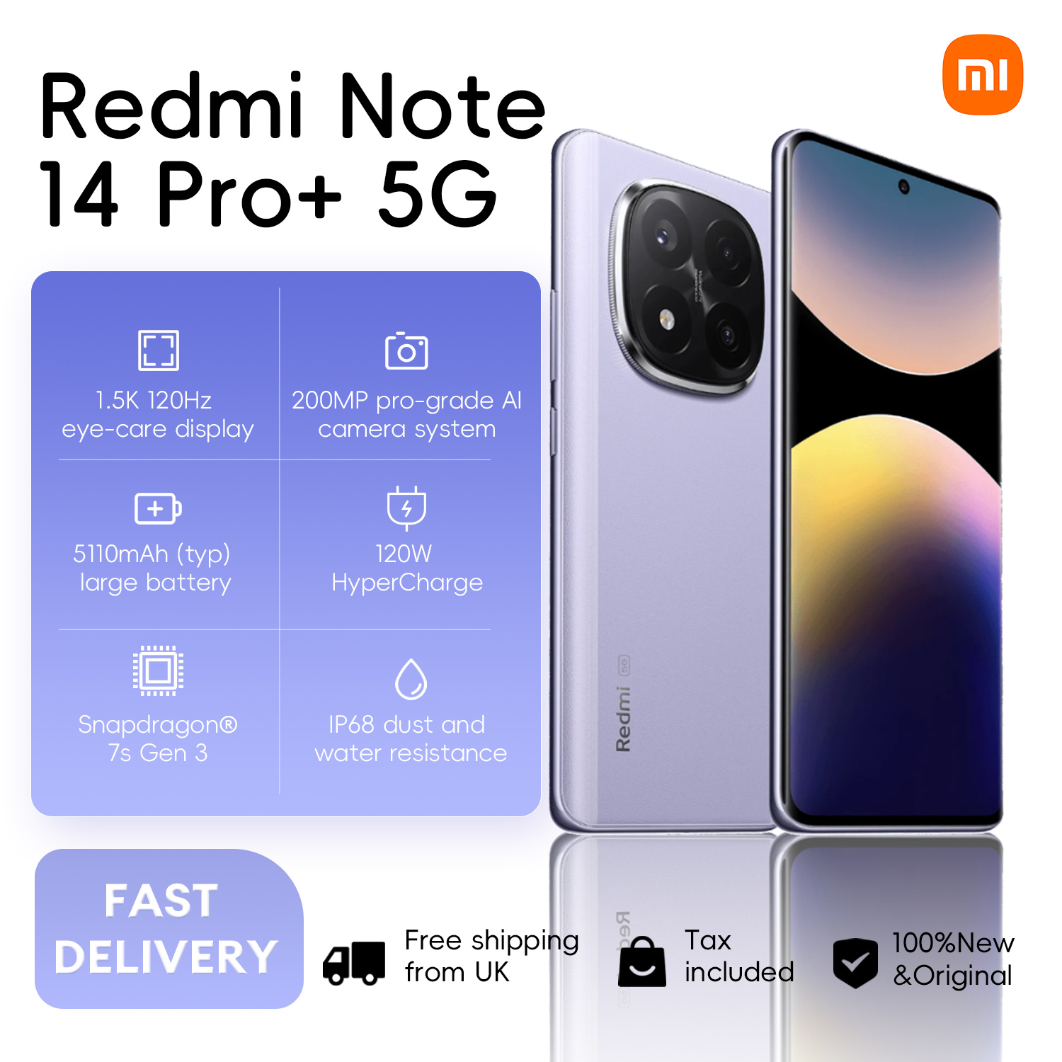 Xiaomi Redmi Note 14 Pro+ 5G, 8+256GB Global Version, 120Hz 6.67" AMOLED Display 200MP Al Camera 5110mAh 120W Snapdragon 7s Gen3
