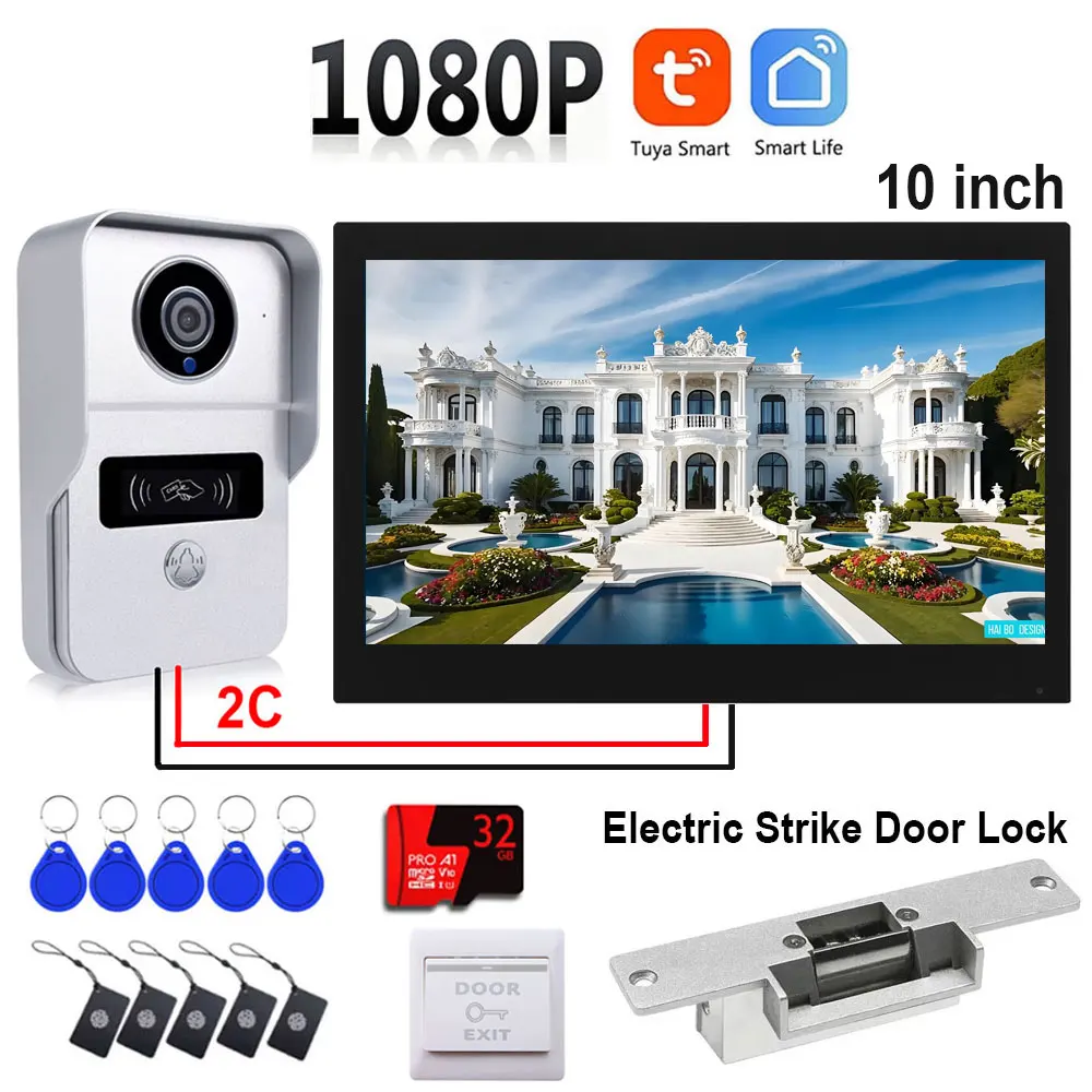 2 Draden Tuya Wifi Video-intercomsysteem HD 1080P Smart Home Video Deurtelefoon 10 "Kleurenaanraakscherm met elektrisch slot