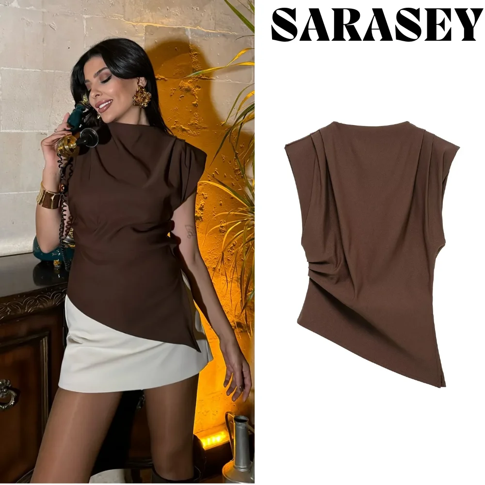 2025 Canotta asimmetrica estiva da donna Vino rosso/marrone/nero Manica increspata Office&Party Top Traspirante Elastico Slim Fit Streetwear