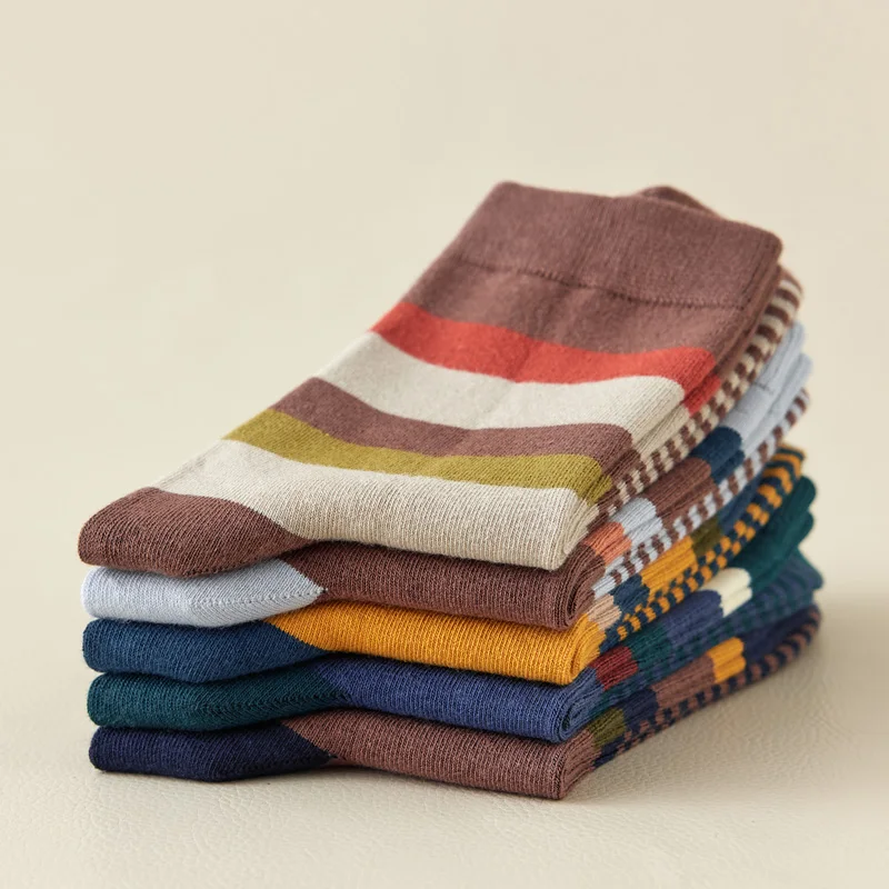 5 pares de calcetines de algodón peinado para hombre, calcetines de compresión para fiesta al aire libre, calcetines de vestir felices cuadrados y rayas coloridos a la moda para hombre
