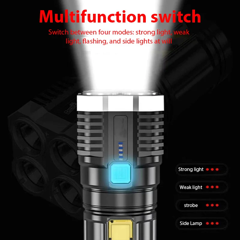 Torche extérieure à lumière forte 4LED lampe de poche Super lumineuse torche à Zoom télescopique Rechargeable avec lumière latérale COB Camping pêche W