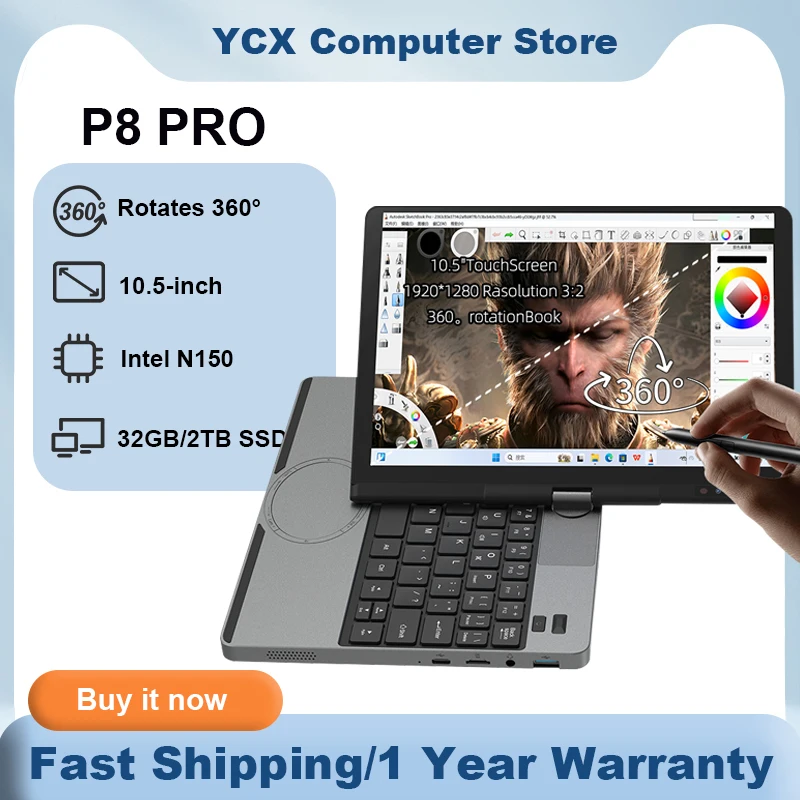 P8 PRO TouchScreen Laptop 10.5-inch Intel N150 notebooks MAX 32GB DDR4 2TB SSD rotates 360° Type-C Port 1920*1280 mini Laptop