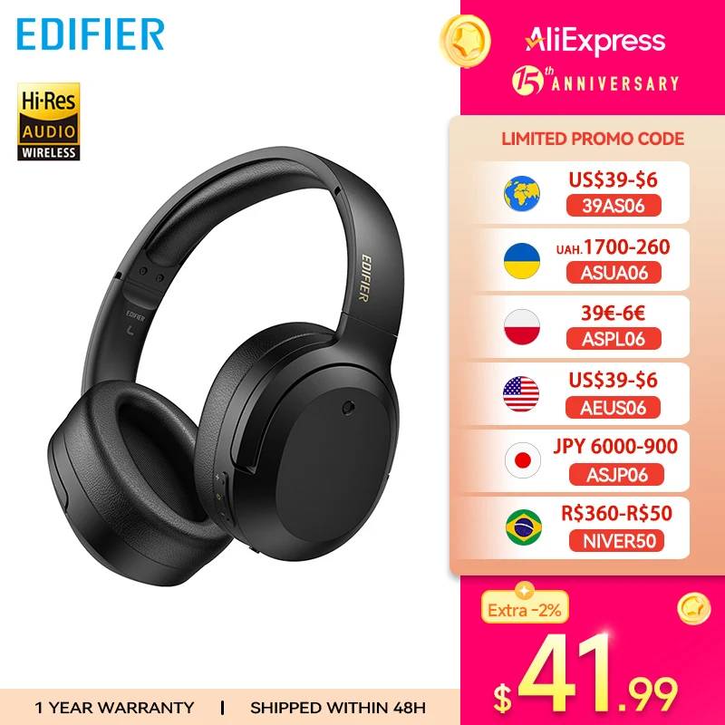 Беспроводные шумоподавляющие наушники Edifier W820NB Plus с высоким разрешением, 43 дБ ANC, кодек LDAC, легкая Bluetooth-гарнитура с временем работы 49 часов
