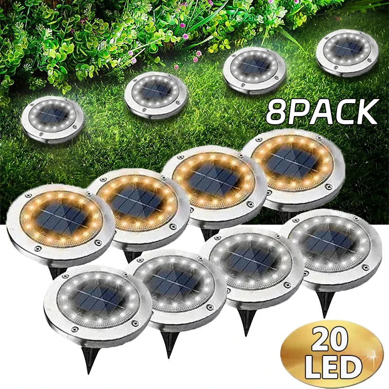 Luz de disco de energía Solar para jardín al aire libre, luz subterránea, foco de cubierta, lámpara Led Solar enterrada, decoración de jardín, 8/20Led