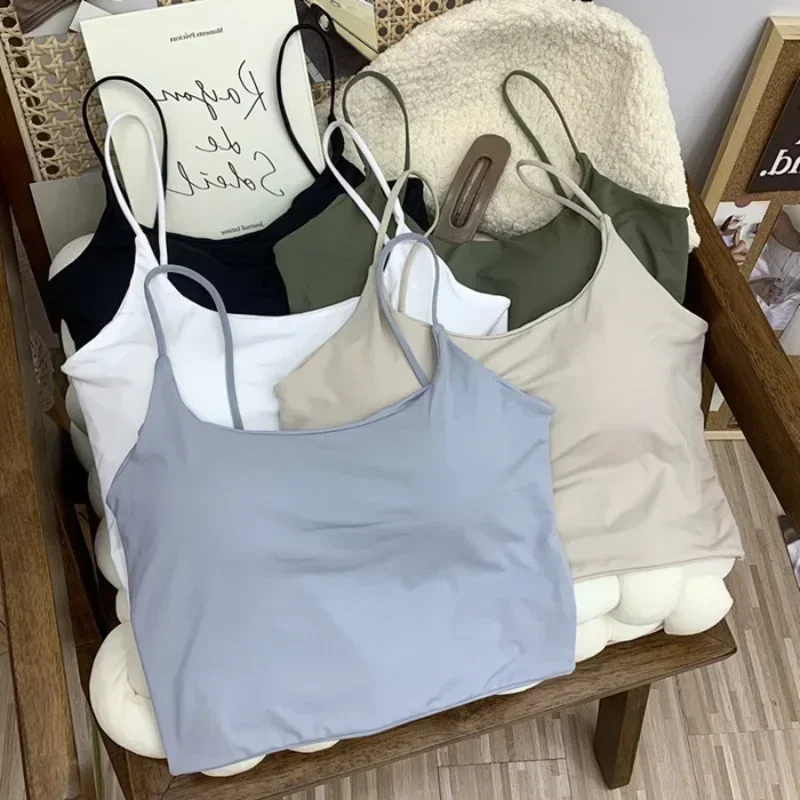 Top con sujetador de verano para mujer, Top corto de seda helada, Tops de tubo sin costuras, camisola, ropa interior, moda coreana, Bralette con relleno liso, 2024