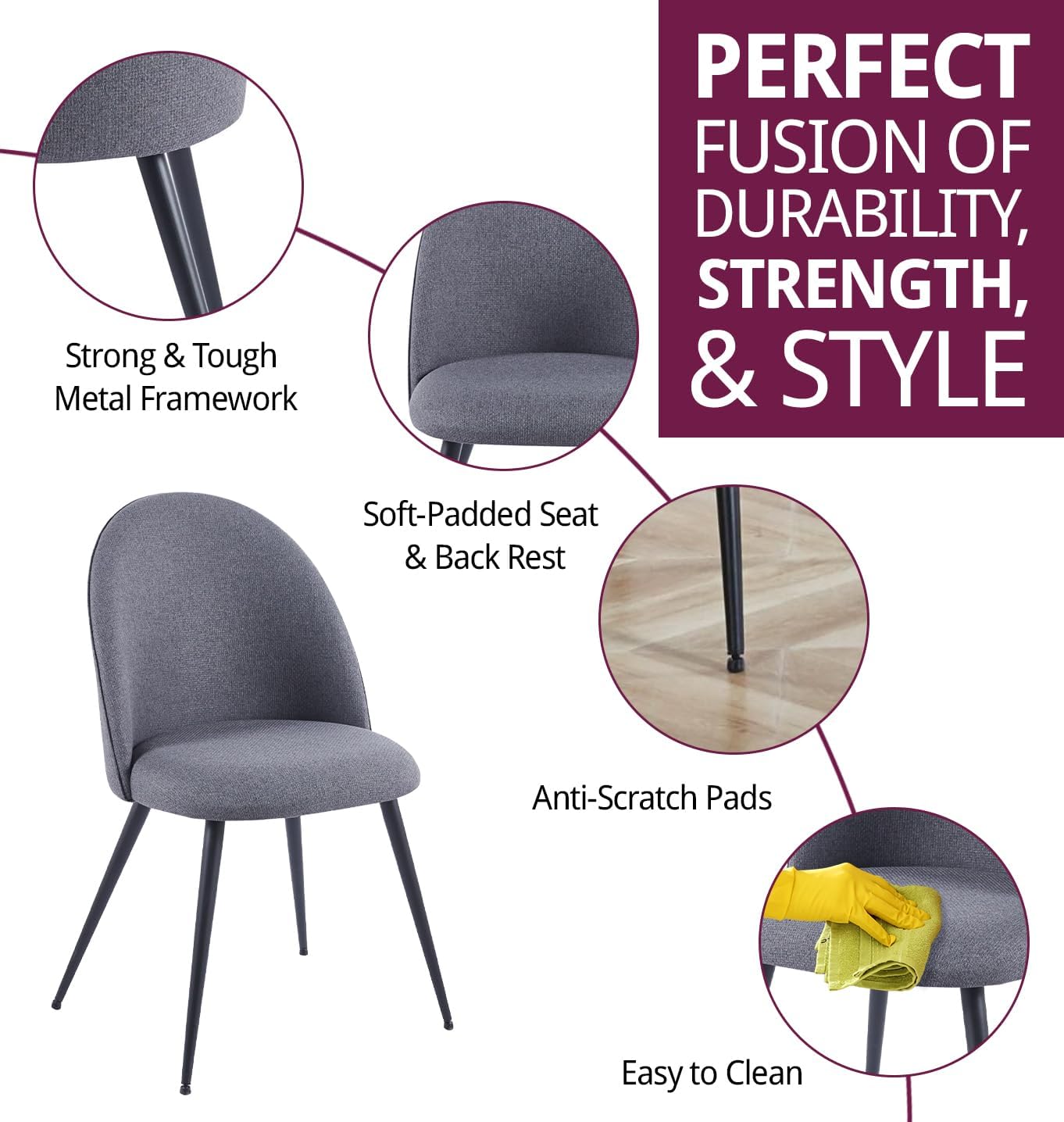 Furniture Dining Chairs Set of 2, Upholstered Fabric Dining Chairs with Metal Legs, Scandinavian Chairs, Curved Back Modern