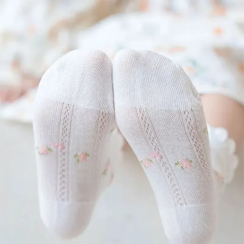 5 par/lote de calcetines bonitos para niños y niñas, calcetines de algodón liso de princesa para niños, calcetines informales de malla fina con dibujos de flores para verano