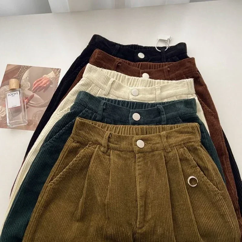 Retro cintura alta calças de veludo feminino primavera outono em linha reta causal comprimento total calças coreano moda baggy todos os jogos calça preta