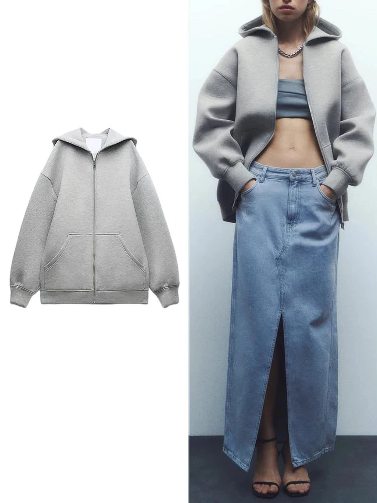 Las mujeres versátiles con capucha cremallera de manga larga suelta chaqueta de moda de gran tamaño Casual Top Sudadera de la calle Ropa Deportiva Básica