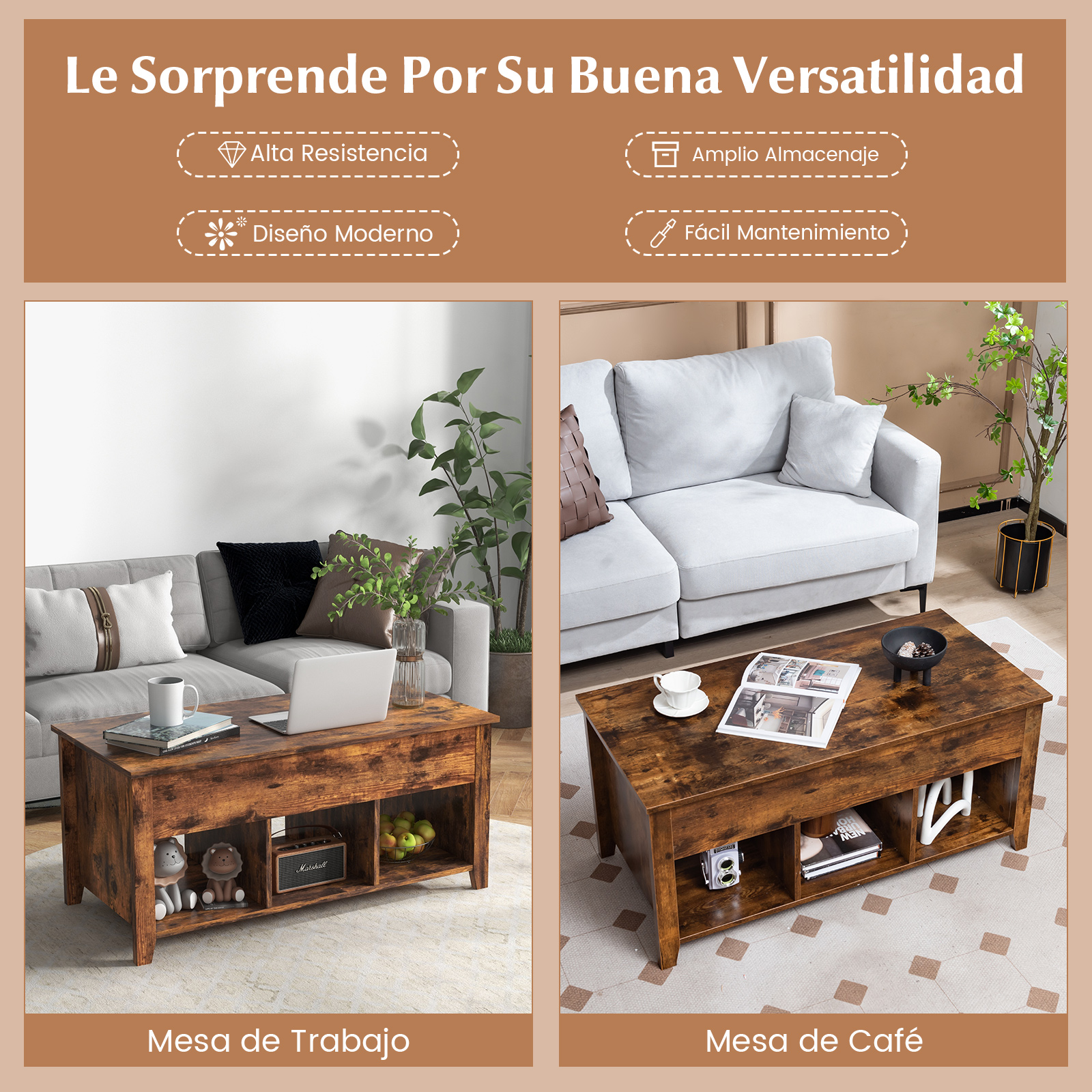 Mesa de Centro Elevable de Madera con Compartimiento 104,5x49,5x48,5 Centímetros Mesa de Café para Salón Jardín