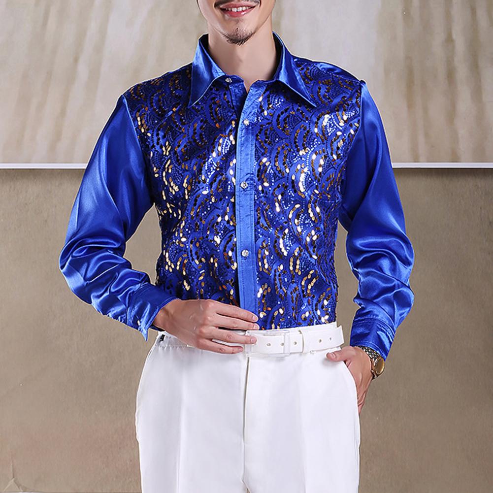 Camisa informal Formal para hombre, camisa de rendimiento de lentejuelas de lujo para escenario de boda, ropa informal Formal de manga larga con un solo pecho
