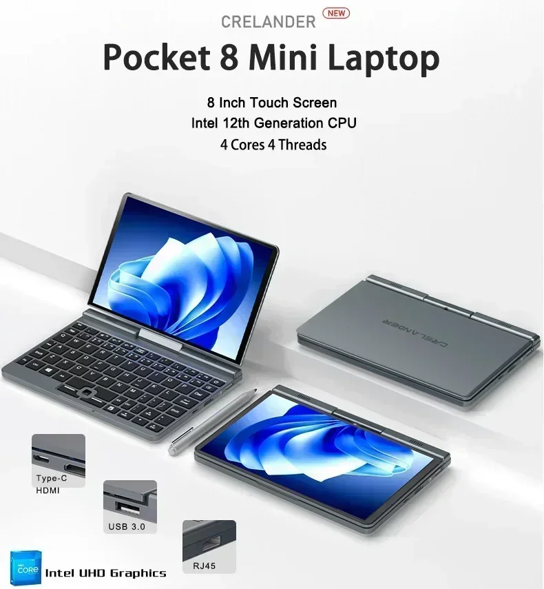 CRELANDER-Mini portátil P8 para juegos, pantalla táctil de 8 pulgadas, Intel Alder Lake N100, 12GB, DDR5, Windows 11, WiFi, 6, portátil de bolsillo pequeño