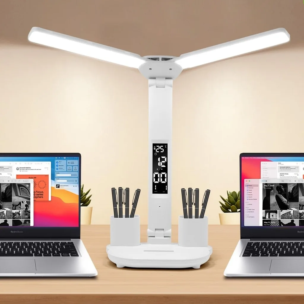 Zegar LED Lampa stołowa USB Ładowalne dotykowe lampki na biurko 2 głowice 180 Obrót Składana ochrona oczu Lampki nocne do czytania na biurku