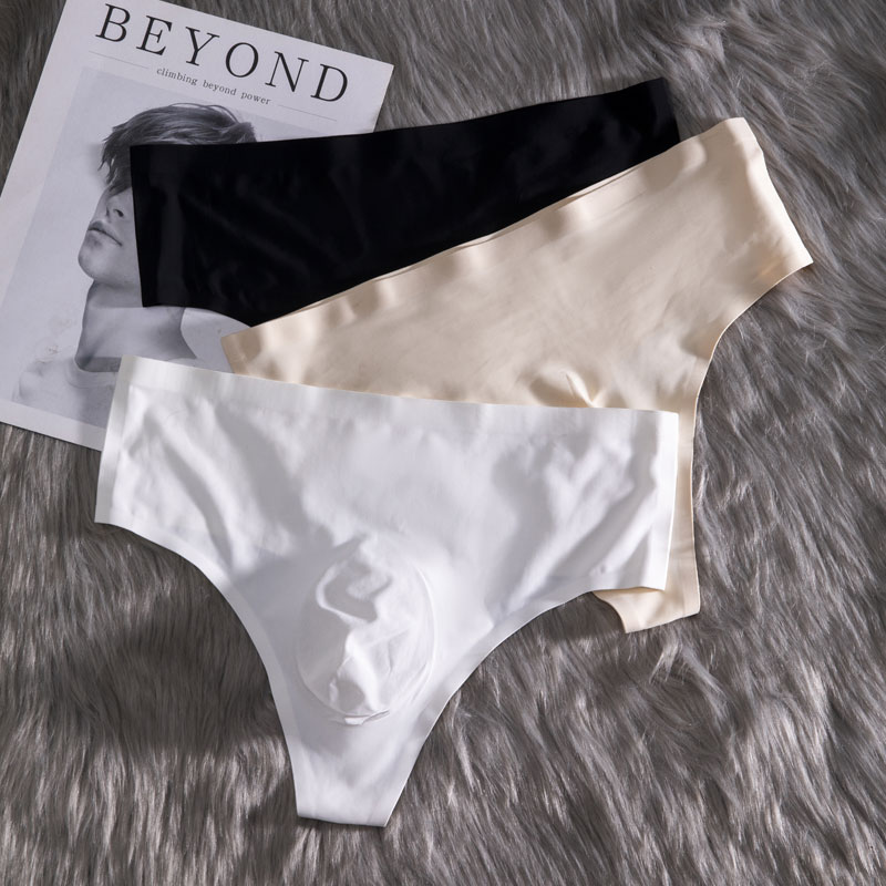 Bikini para hombre, ropa interior de cintura alta, bragas sexis de seda helada con espalda en T, Tanga transpirable para hombre, calzoncillos sin costuras, lencería Sissy