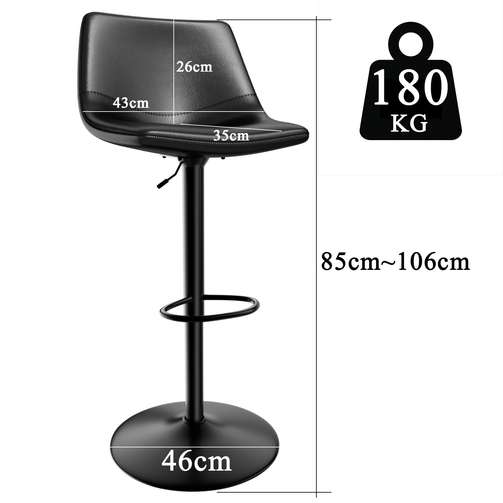 Juego de 2 taburetes de bar, silla de bar para isla de cocina con asiento de cuero PU, taburete de cocina giratorio para encimera de cocina