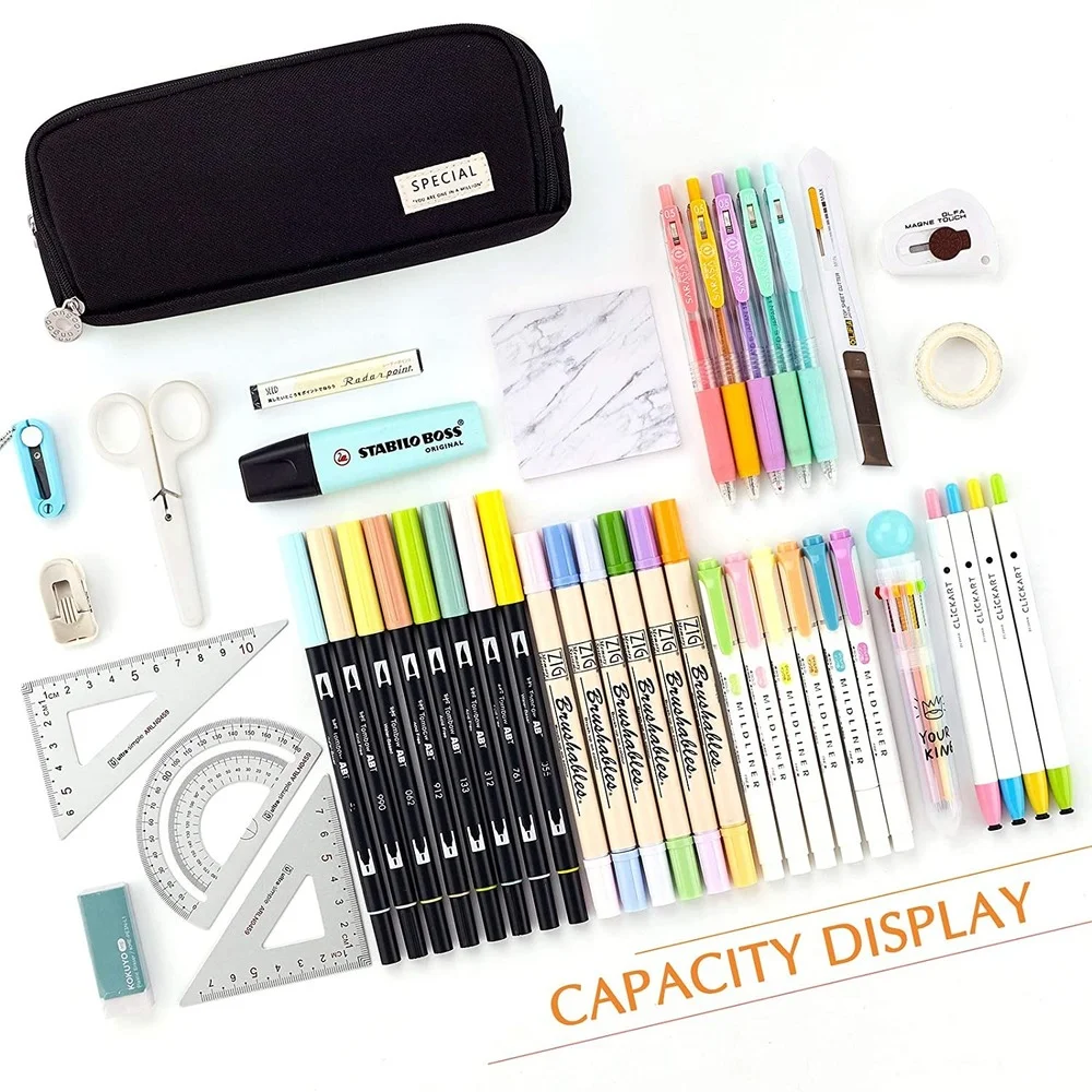 Kawaii ดินสอพื้นที่ขนาดใหญ่ 3 ช่องกระเป๋าคู่ด้านข้างเปิดเครื่องเขียนนักเรียน Desk Organizer อุปกรณ์โรงเรียน