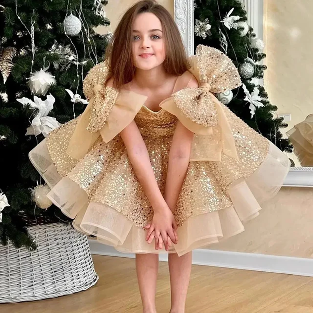 Robe de demoiselle d'honneur champagne pour mariage, paillettes brillantes avec nœud, jolie robe de reconstitution historique pour bébé, Rhde première communion de princesse, quoi que ce soit