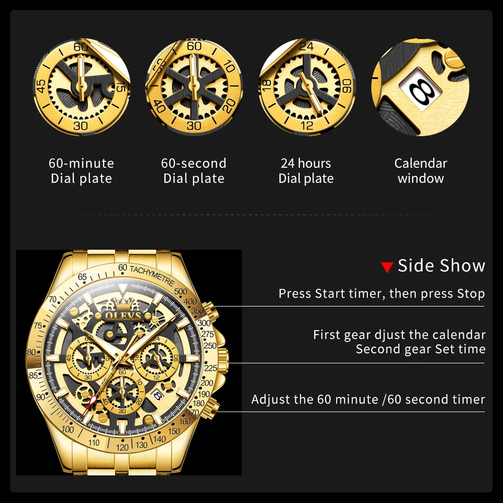 OLEVS Lxuxry marca relojes dorados para hombre reloj de pulsera cronógrafo de acero inoxidable con esqueleto completo reloj de cuarzo luminoso resistente al agua para hombre