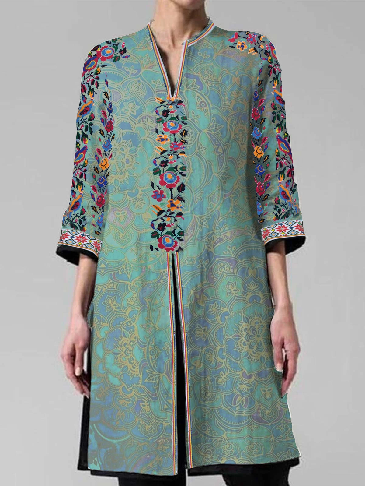 Vintage Mandarin Shirts Dreiviertel-Blumendruck Damen-Hemd in Übergröße, geteilter Kragen, Retro, lässig, lange Hemdbluse