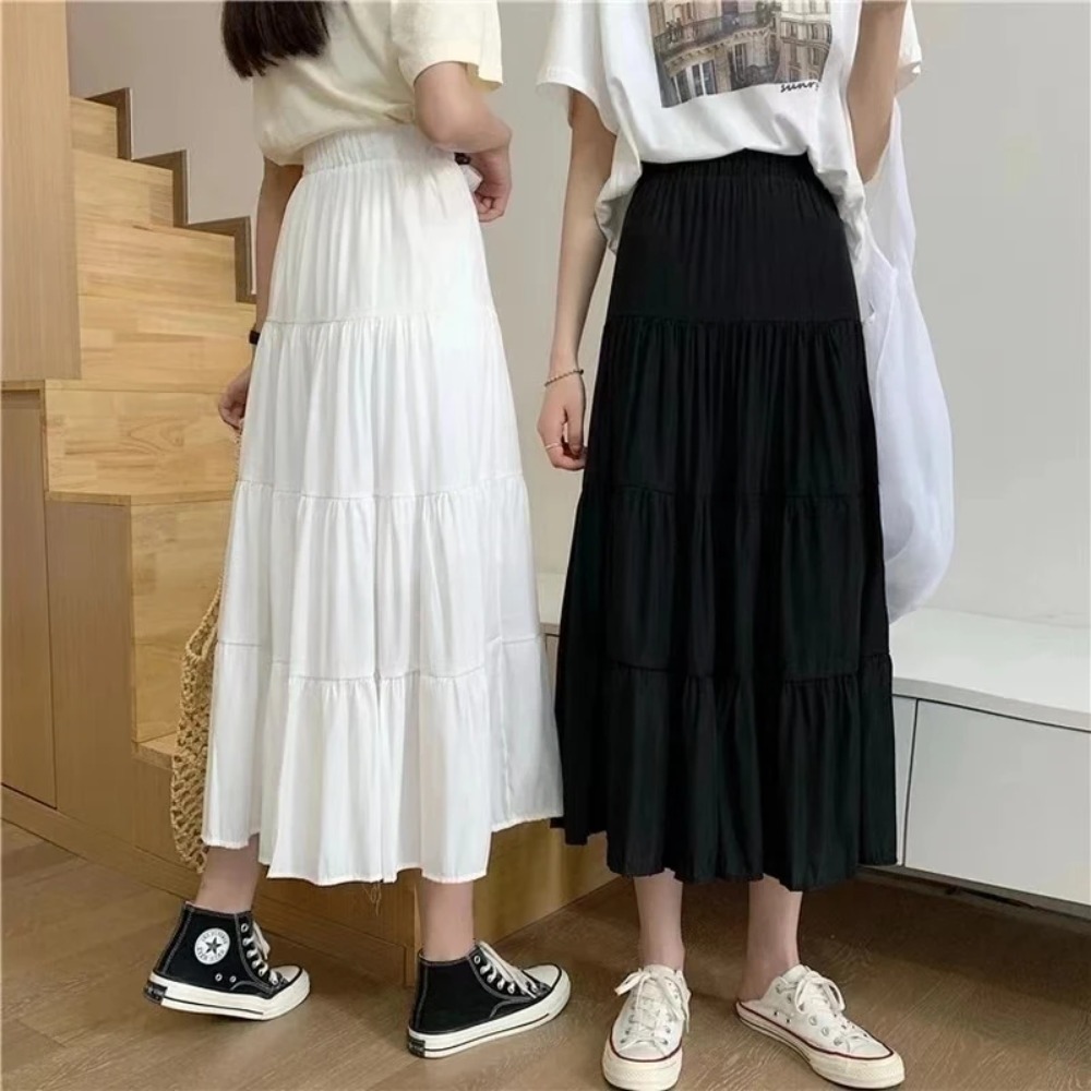 Lente Zomer Dames Rokken Vintage Hoge Taille Elastisch Patchwork Wit Zwart Chique Lange Taart A-lijn Rok
