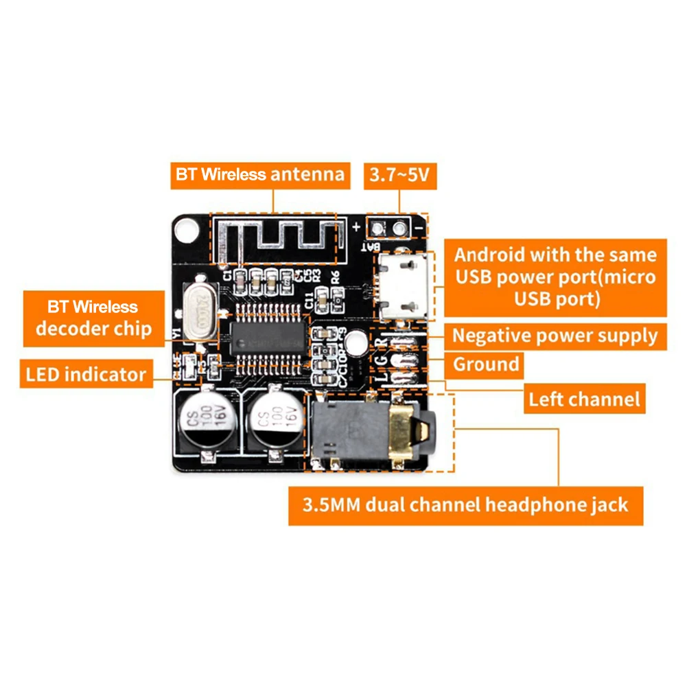 VHM-314 Módulo de música estéreo sem fio, 3.5mm Audio Aux, compatível com Bluetooth 4.1, 5.0, MP3 Decoding Player Board, Micro USB, 5V alimentado
