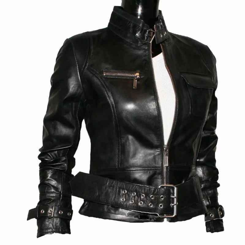 Chaqueta de cuero para mujer, abrigo de motociclista de piel de cordero Real, color negro