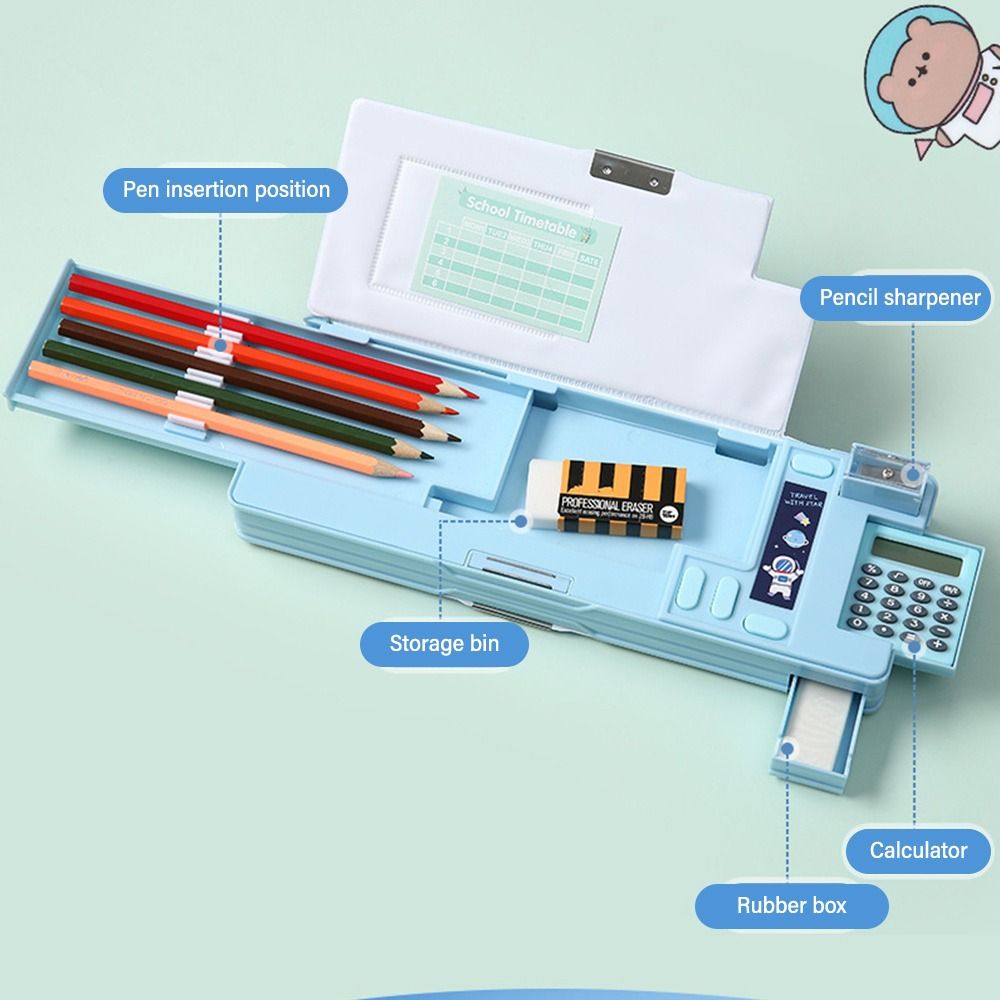 Double Layer Pencil Case Astronaut/Animal Design Pencil Sharpener Pencil Box Plastic With Calculator Stationery Organizer