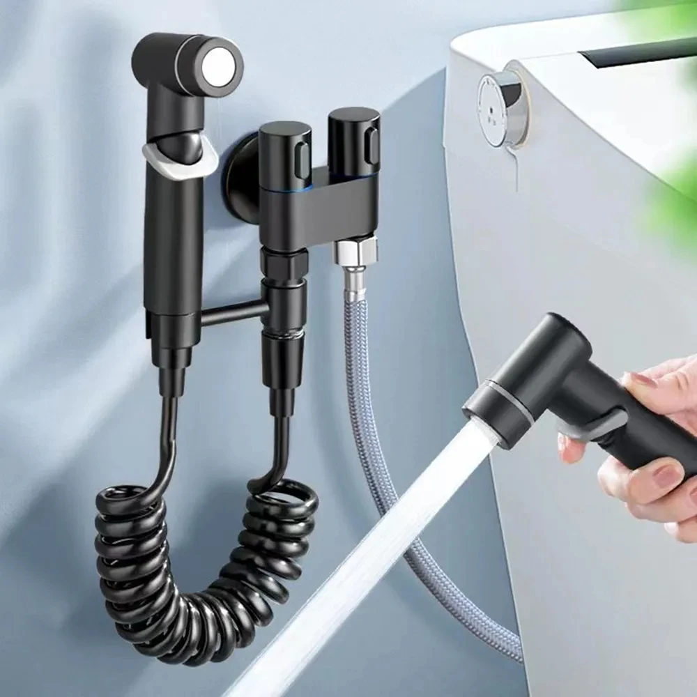 Válvula angular de aleación de Zinc, juego de rociador de bidé para inodoro de montaje en pared, rociador de limpieza de agua uno en dos para accesorios de baño
