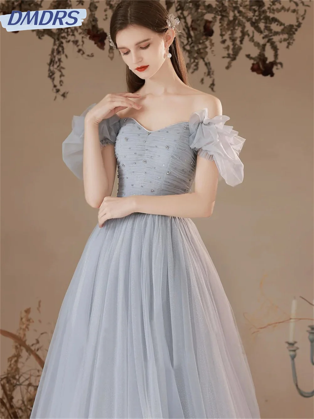 ชุดเดรสงานพรอมเปิดไหล่ทรงเอแบบคลาสสิก2024ชุดราตรีผ้าทูลที่สง่างาม Charming ชุดราตรียาวถึงพื้น