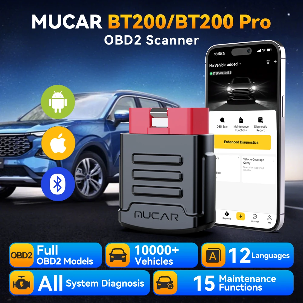 MUCAR BT200/BT200 Pro OBD2 Scanner, Sistema Completo Automotivo Bluetooth Diagnóstico Ferramenta de Verificação Óleo Grátis/SAS 15 Redefinir Código Leitor para todos os carros