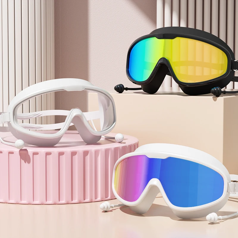 Gafas de natación con marco grande, gafas de natación con marco grande HD, vista panorámica, antiniebla, protección UV, gafas de natación para adultos sin fugas