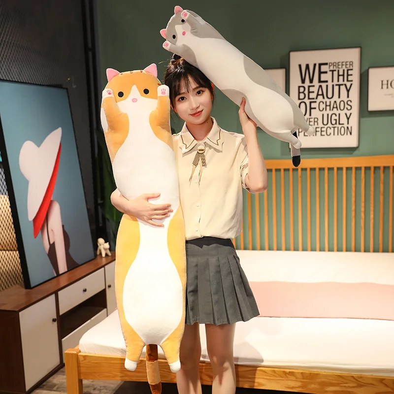 Süßes Katzen-Plüschtier, lang, rosa, braun, grau, schlafende Katzen, Beinkissen, matschige kleine Tierpuppe, beruhigendes Plüschtier-Geschenk