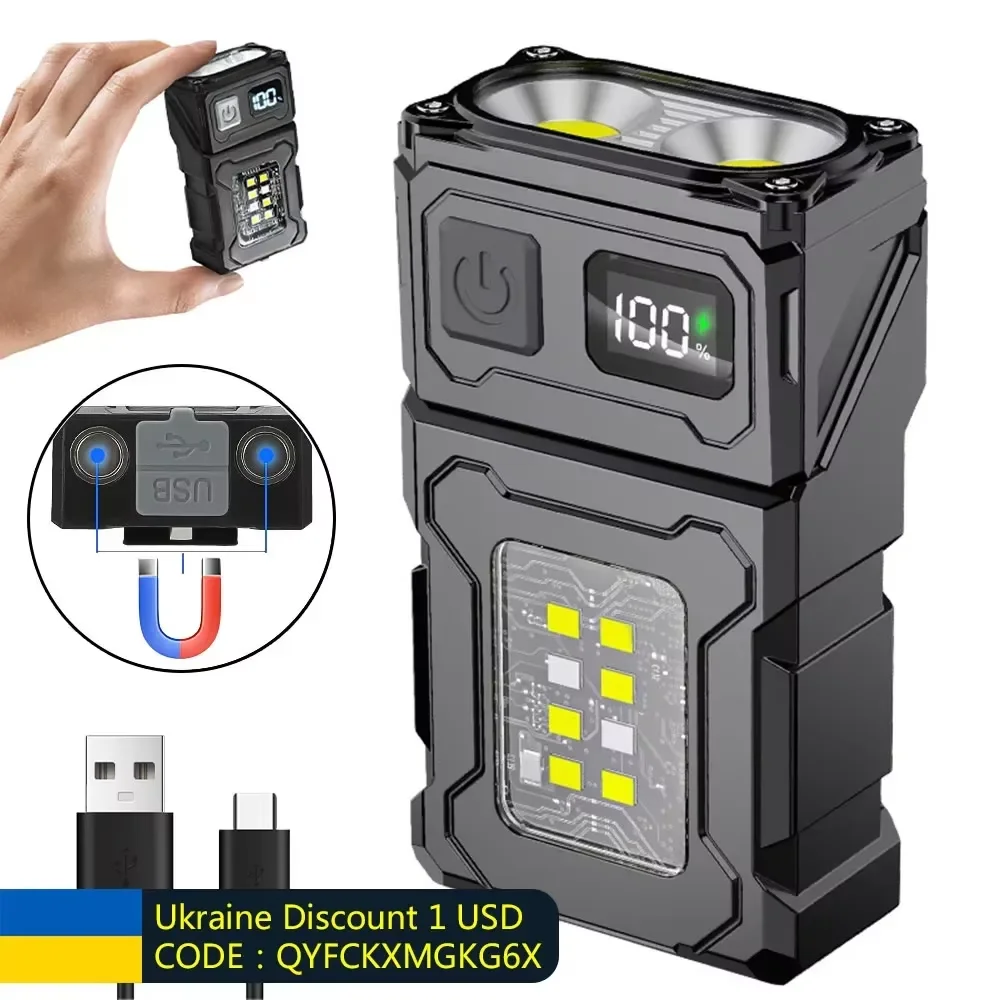 MINI linterna LED recargable por USB, linterna portátil con imán trasero, linterna de Camping superbrillante, luz de emergencia COB lateral