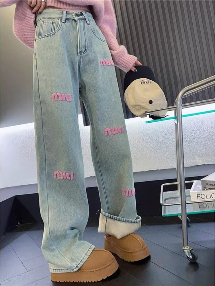 ハイウエスト豪華なベルベット裏地ワイドレッグジーンズ韓国カジュアルヴィンテージ刺繍だぶだぶのカウボーイ Vaqueros 女性の冬の新しいデニムパンツ