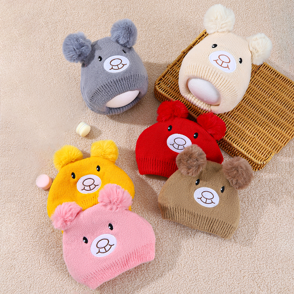 Bonito urso gorro para bebê menino menina dos desenhos animados pompom quente chapéu de malha pescoço capa outono inverno criança orelha proteção bonés