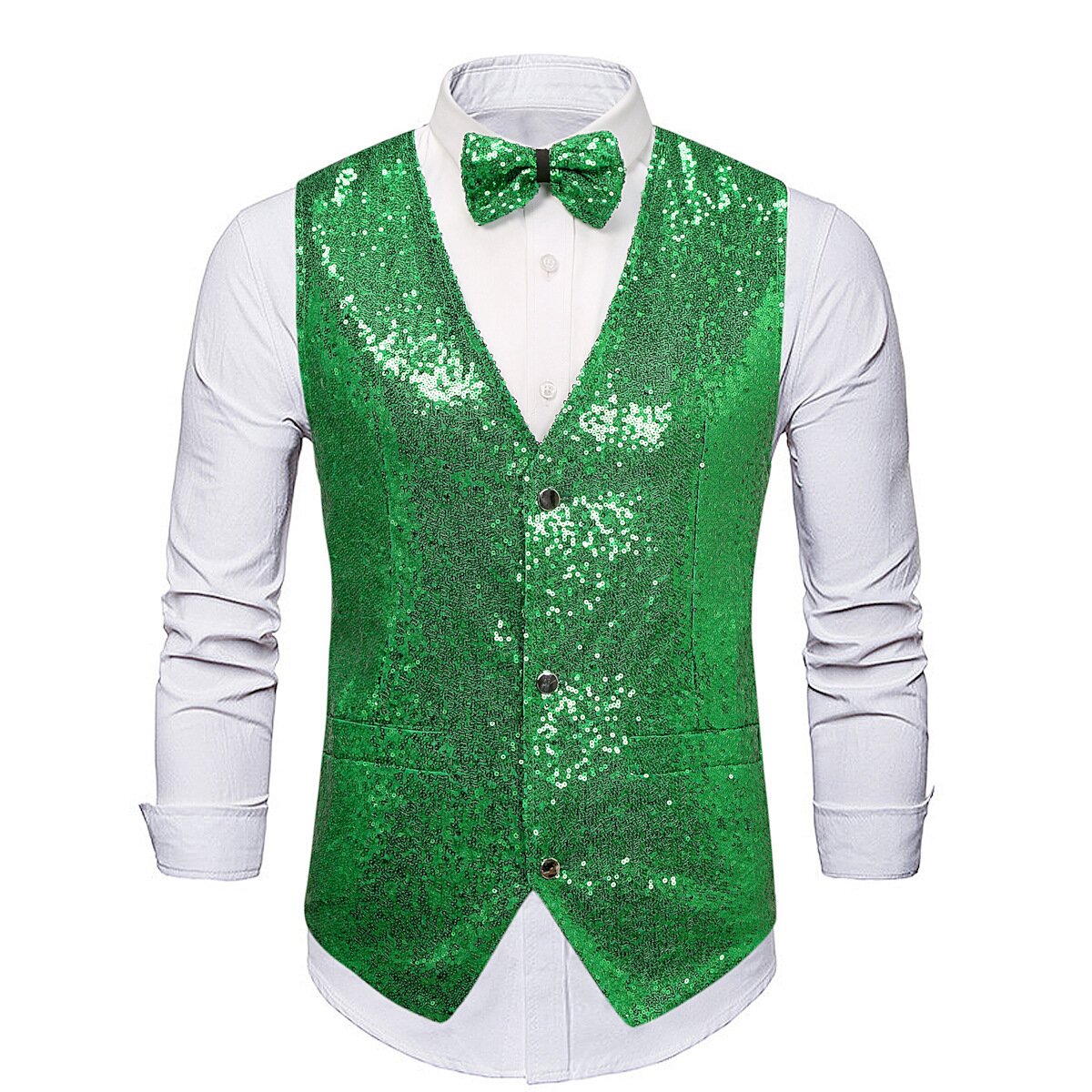 Colete masculino brilhante com lantejoulas verdes brilhantes, slim fit, gola em v, 2 peças, colete masculino com gravata borboleta, festa de casamento, palco, baile, traje