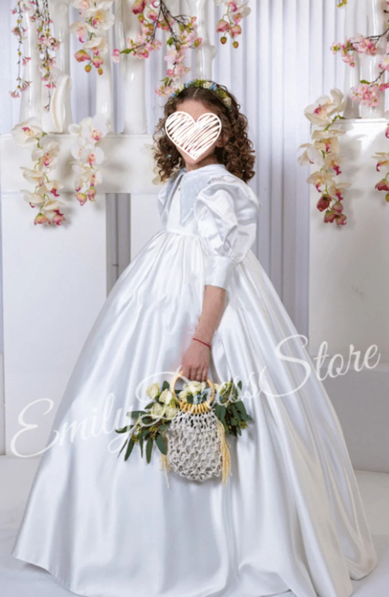 Customized White Flower Girl Dress For Wedding 3/4 Sleeves Satin Puffy Floor Length Baby Kids Birthday First Communion Gown