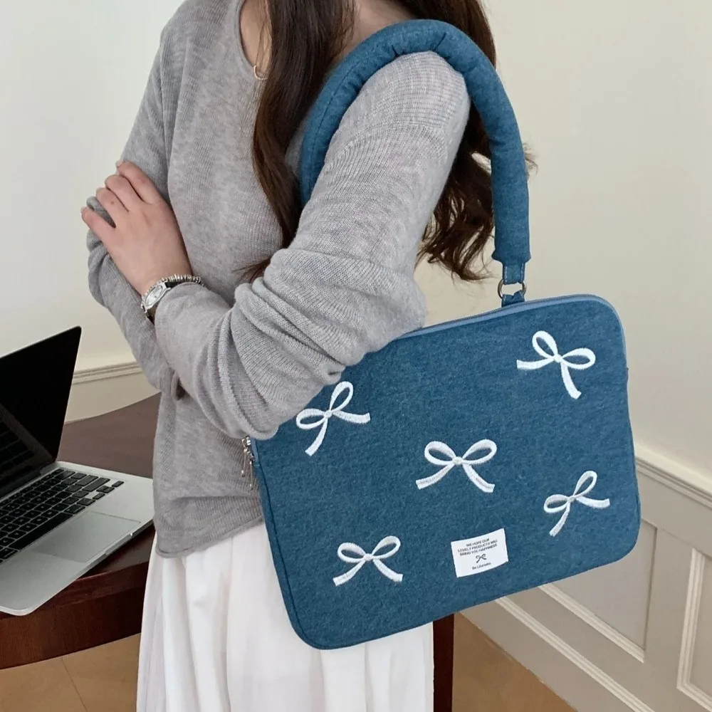Washed Denim Bow Business Briefcases Embroidered File Folder Document Tote Bolsas Large Capacity Love Heart