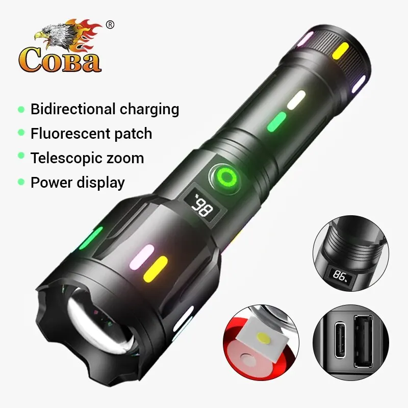 High Power Spotlight ไฟฉาย LED ระยะไกลเรืองแสงดูดซับฟิล์มส่องสว่างสีสันซูมไฟฉาย Camping ฉุกเฉิน