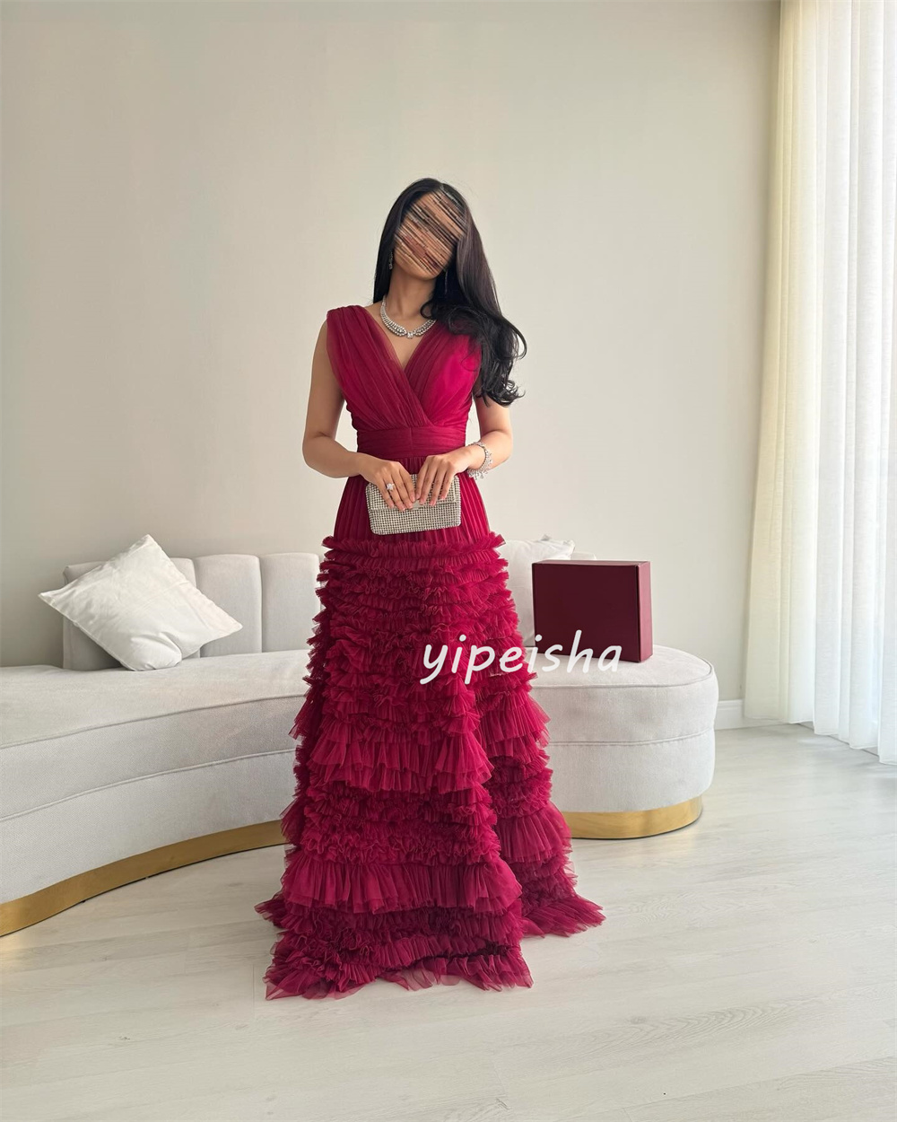 Moda personalizada clássico tule plissado ruched em camadas a linha com decote em v vestidos longos sob medida vestidos de ocasião combinando requintado