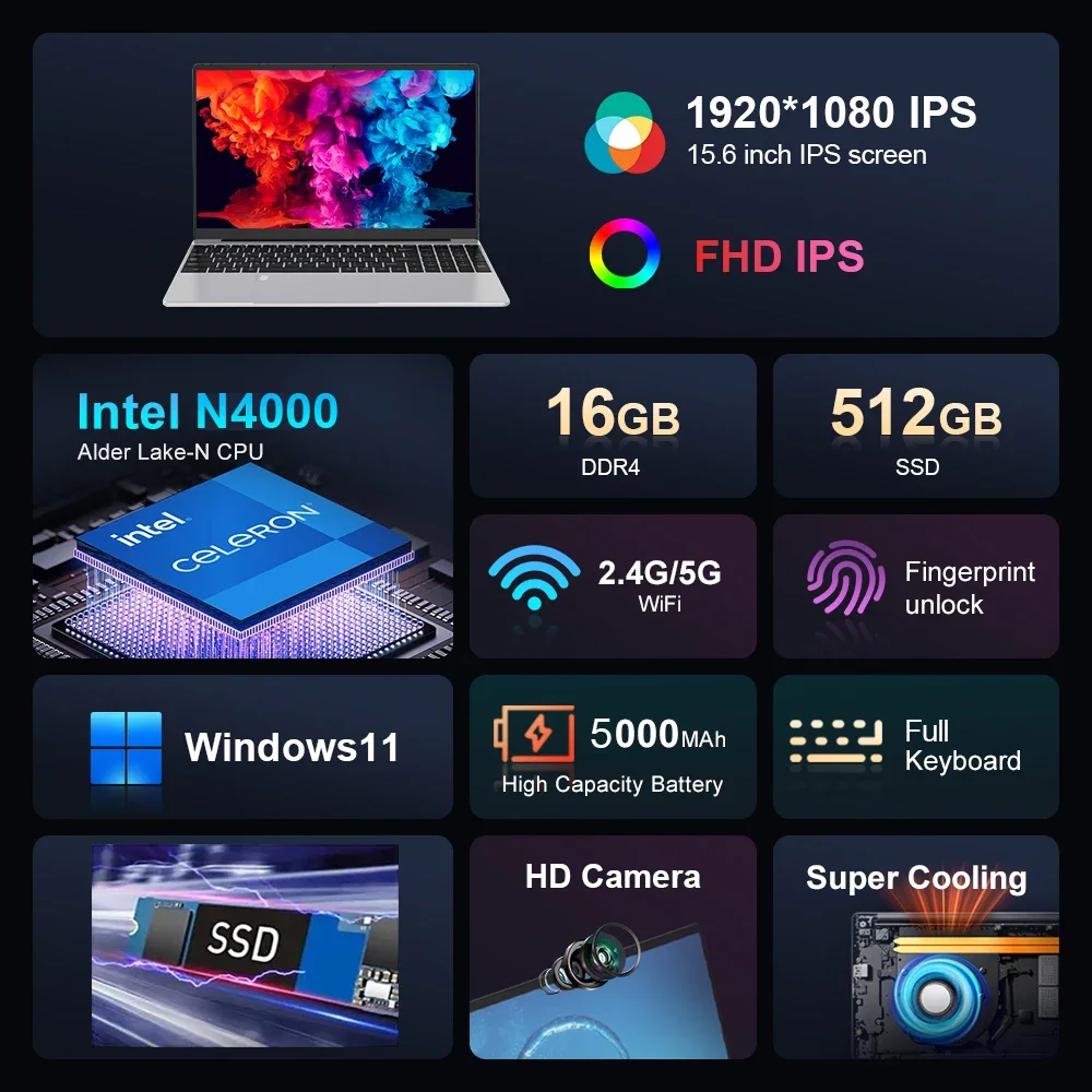 Computer portatile Windows 11 Pro Intel Celeron N4000 15.6 "16 GB DDR 1 TB SSD Laptop Computer da ufficio PC Sblocco impronta digitale Notebook